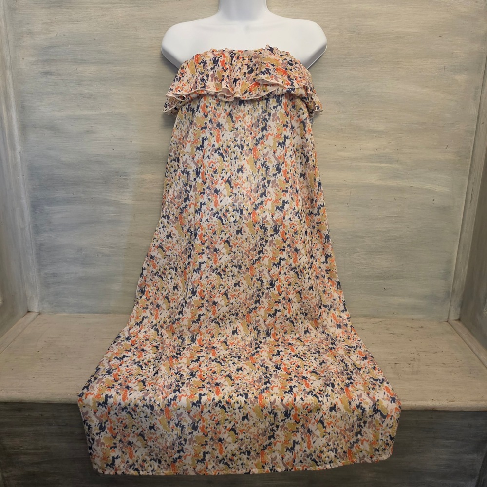 Tullle Multicolor Abstract Print Ruffle Neck Strapless Maxi Dress Size Medium GC